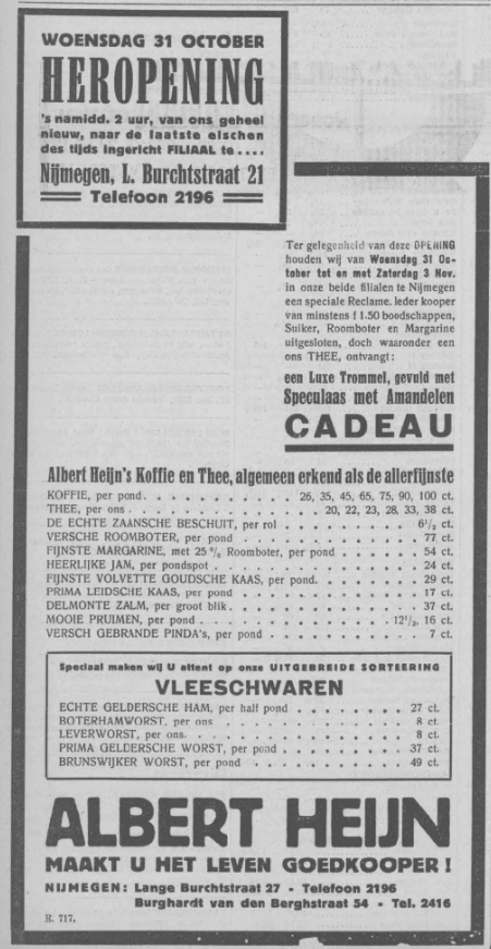 Advertentie Heropenin0g; Albert Heijn noemt zowel de adressen Lange Burchtstraat 21 als 27 (PGNC 30/10/1934)